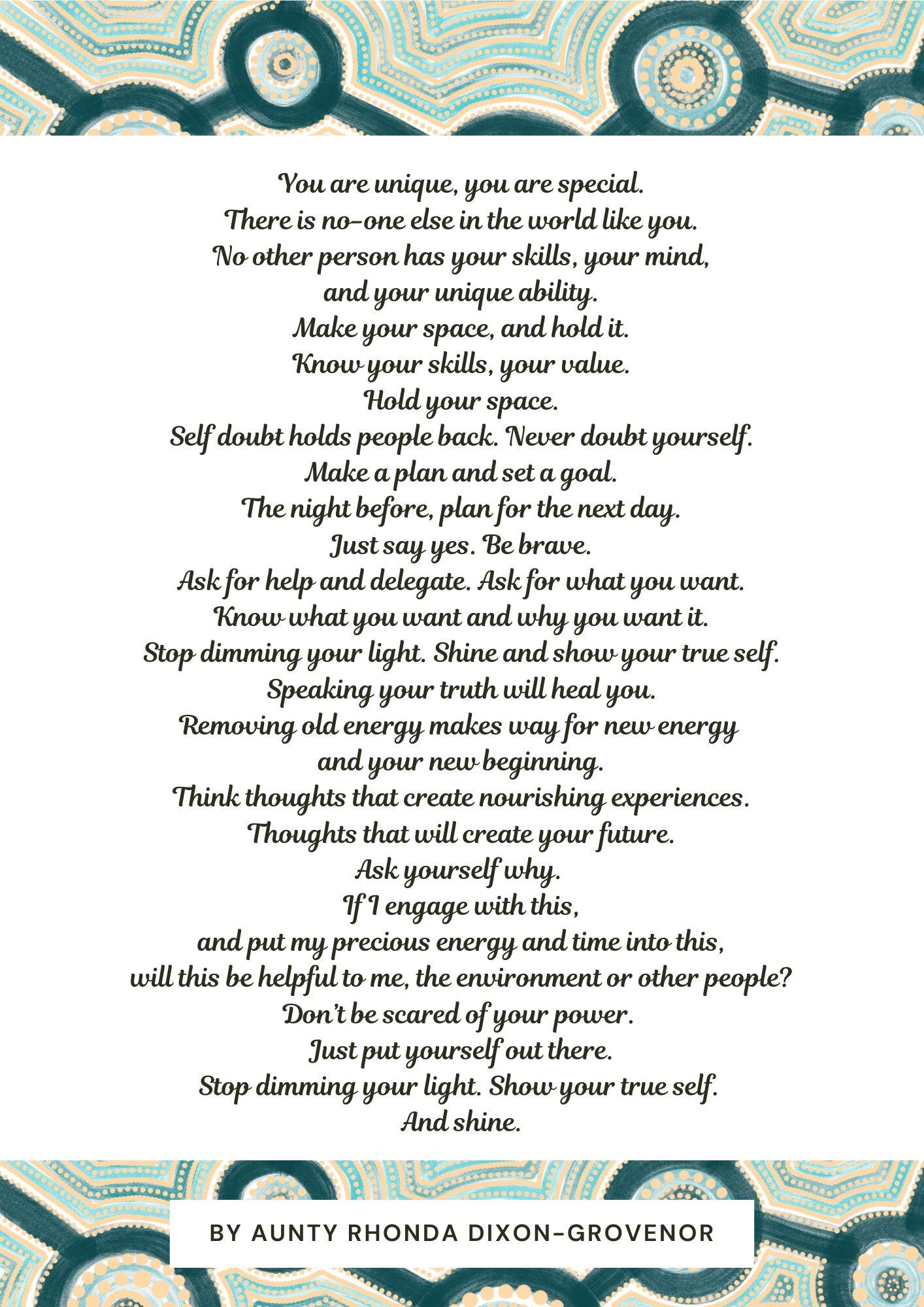 Poem by aunty rhonda dixon- grovenor - white background